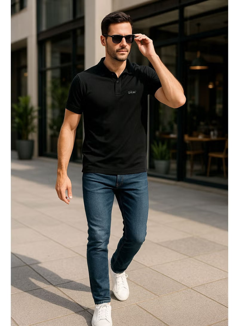 Men’s Stretchable Cotton Polo Shirt – Short Sleeves, Breathable, Black – Perfect for Office & Casual