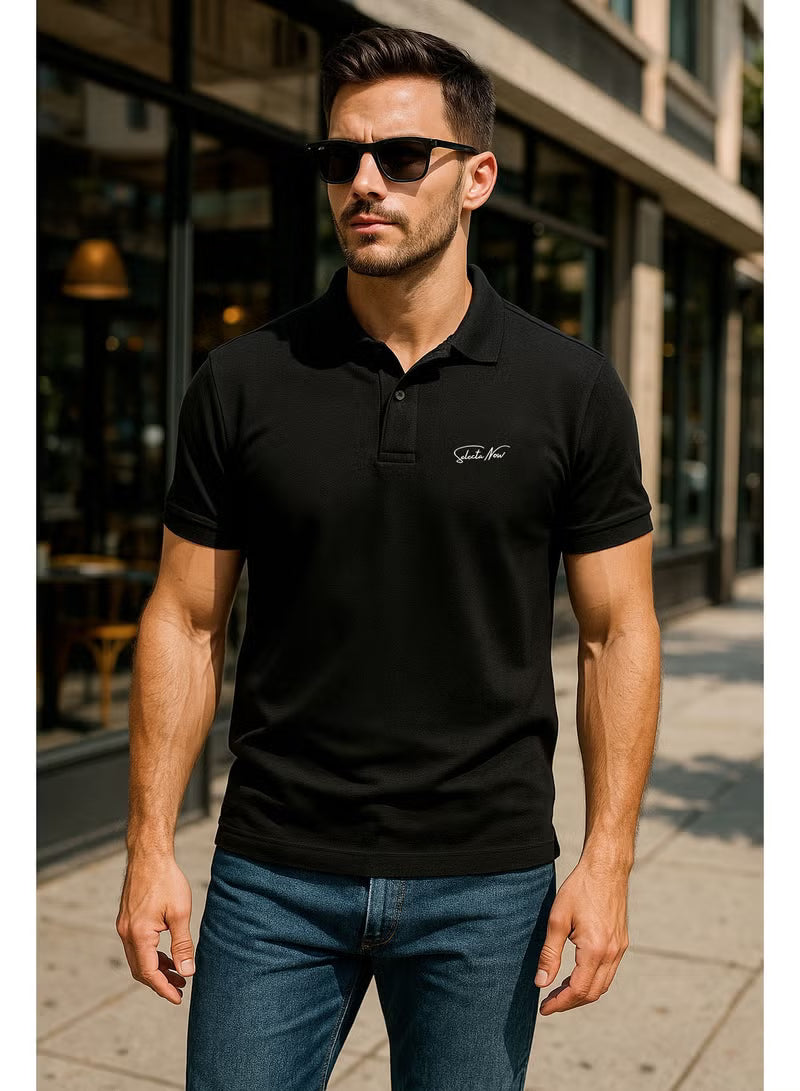 Men’s Stretchable Cotton Polo Shirt – Short Sleeves, Breathable, Black – Perfect for Office & Casual