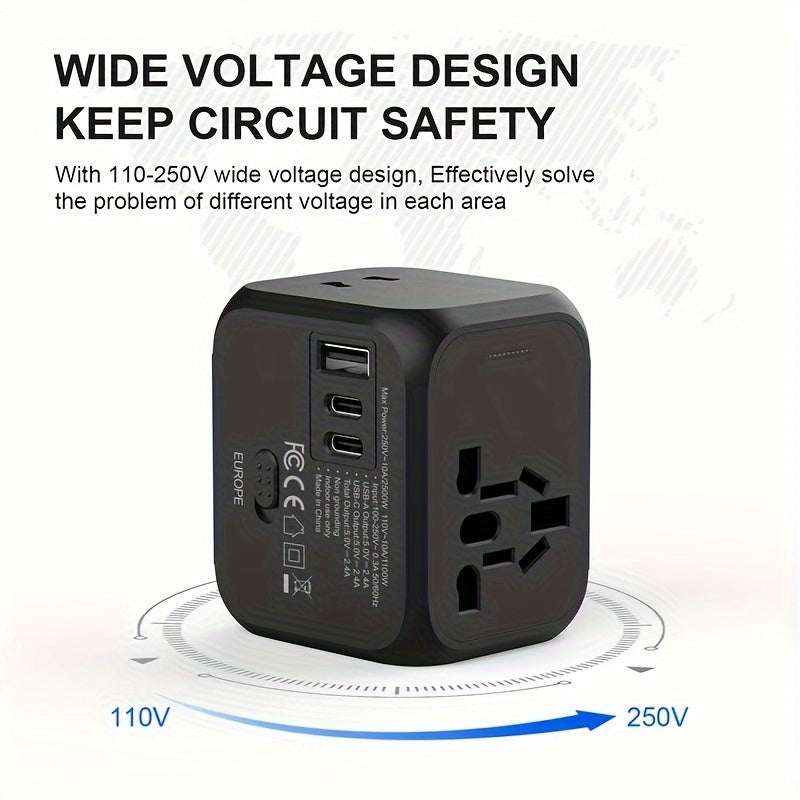 Universal Travel Adapter 2500W Power Plug Converter with Type C US/UK/AU Plug Compatible Electric Socket Converter
