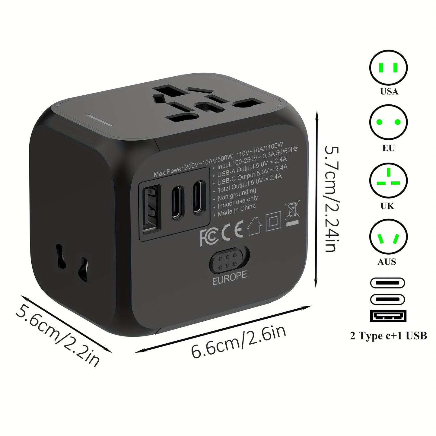 Universal Travel Adapter 2500W Power Plug Converter with Type C US/UK/AU Plug Compatible Electric Socket Converter