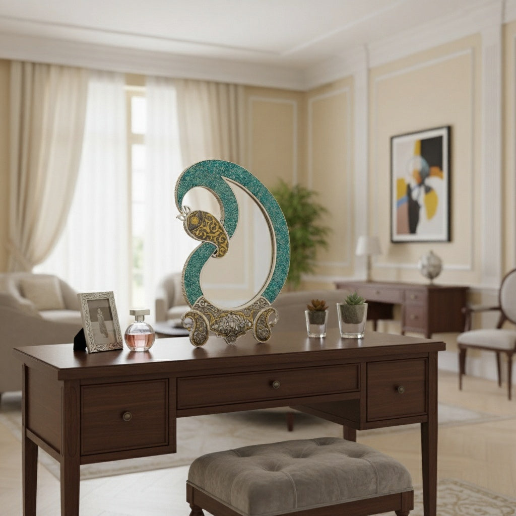 Silver Turquoise Curved- Shaped Mirror