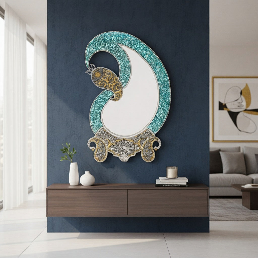 Silver Turquoise Curved- Shaped Mirror
