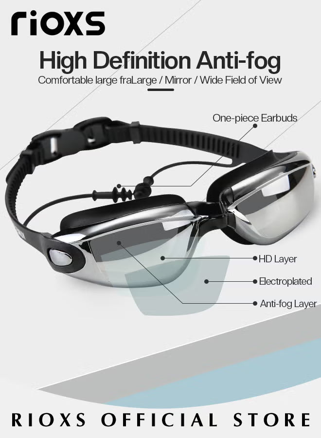 Mens Swimwear Set with Adjustable Anti Fog Swimming Goggles Swim Cap Nose Clip Ear Plugs and Storage Bag