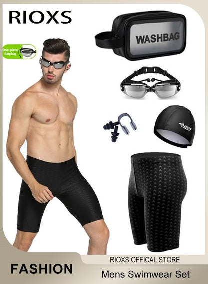 Mens Swimwear Set with Adjustable Anti Fog Swimming Goggles Swim Cap Nose Clip Ear Plugs and Storage Bag