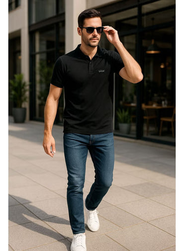 Men’s Stretchable Cotton Polo Shirt – Short Sleeves, Breathable, Black – Perfect for Office & Casual
