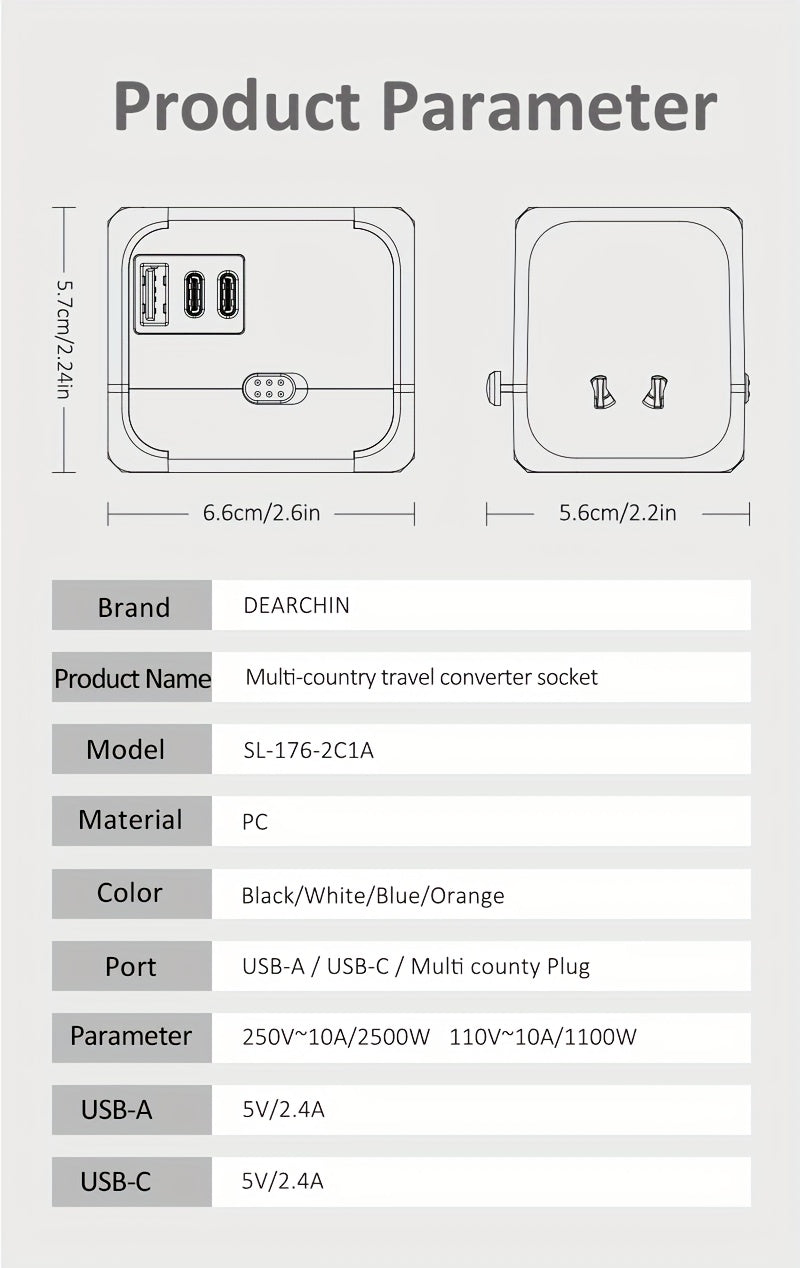 Universal Travel Adapter 2500W Power Plug Converter with Type C US/UK/AU Plug Compatible Electric Socket Converter