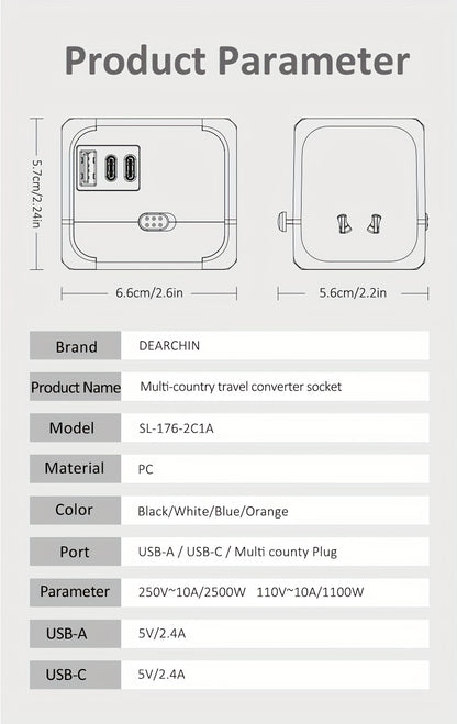 Universal Travel Adapter 2500W Power Plug Converter with Type C US/UK/AU Plug Compatible Electric Socket Converter