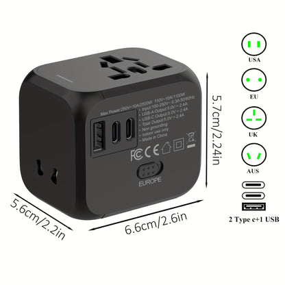 Universal Travel Adapter 2500W Power Plug Converter with Type C US/UK/AU Plug Compatible Electric Socket Converter