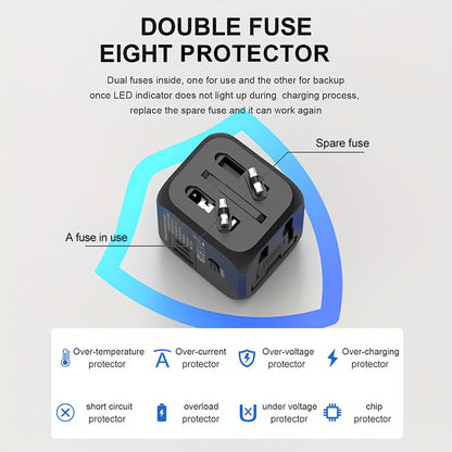 Universal Travel Adapter 2500W Power Plug Converter with Type C US/UK/AU Plug Compatible Electric Socket Converter