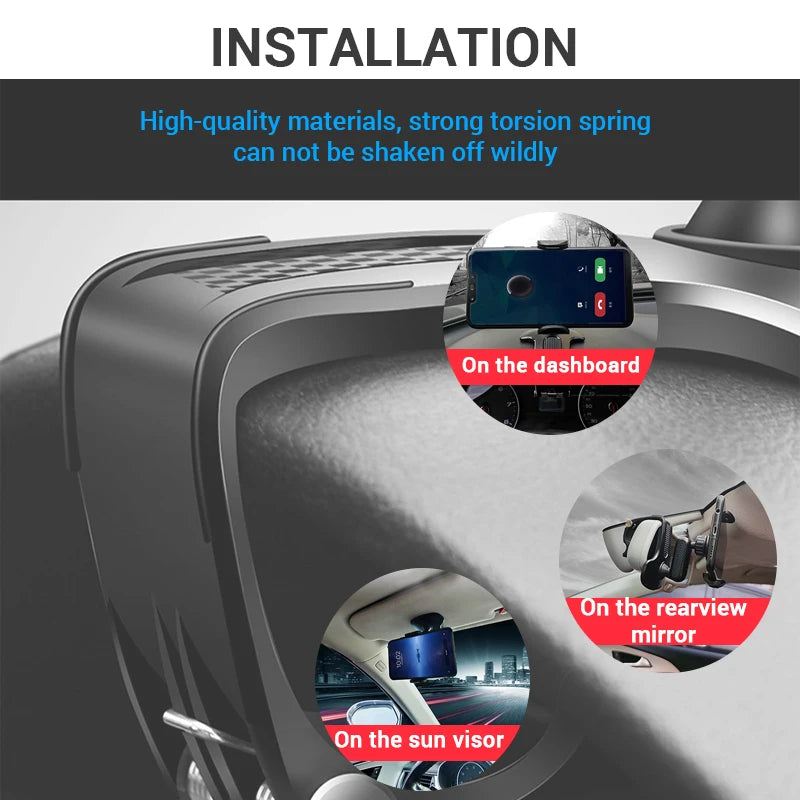 360 Degree Rotating Dashboard Car Phone Holder ABS Mobile Sun Visor Support Auto Rear View Mirror Stand Black Universal Accessory