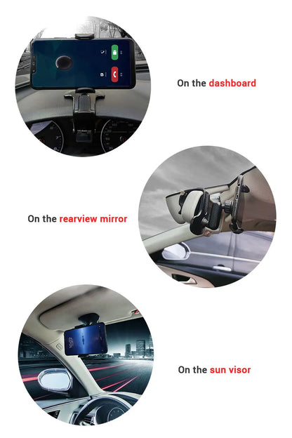 360 Degree Rotating Dashboard Car Phone Holder ABS Mobile Sun Visor Support Auto Rear View Mirror Stand Black Universal Accessory