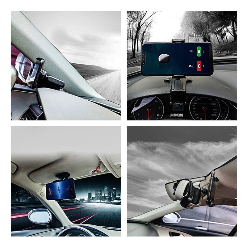 360 Degree Rotating Dashboard Car Phone Holder ABS Mobile Sun Visor Support Auto Rear View Mirror Stand Black Universal Accessory