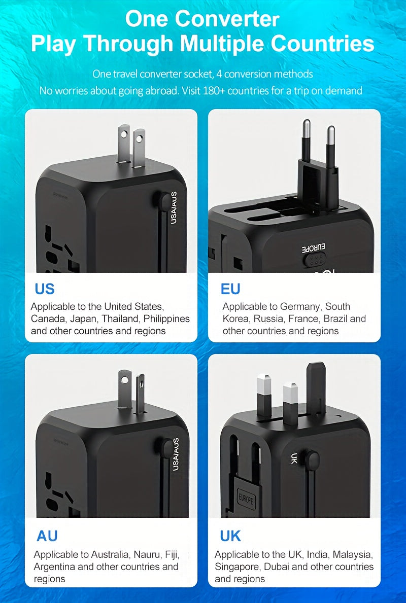 Universal Travel Adapter 2500W Power Plug Converter with Type C US/UK/AU Plug Compatible Electric Socket Converter